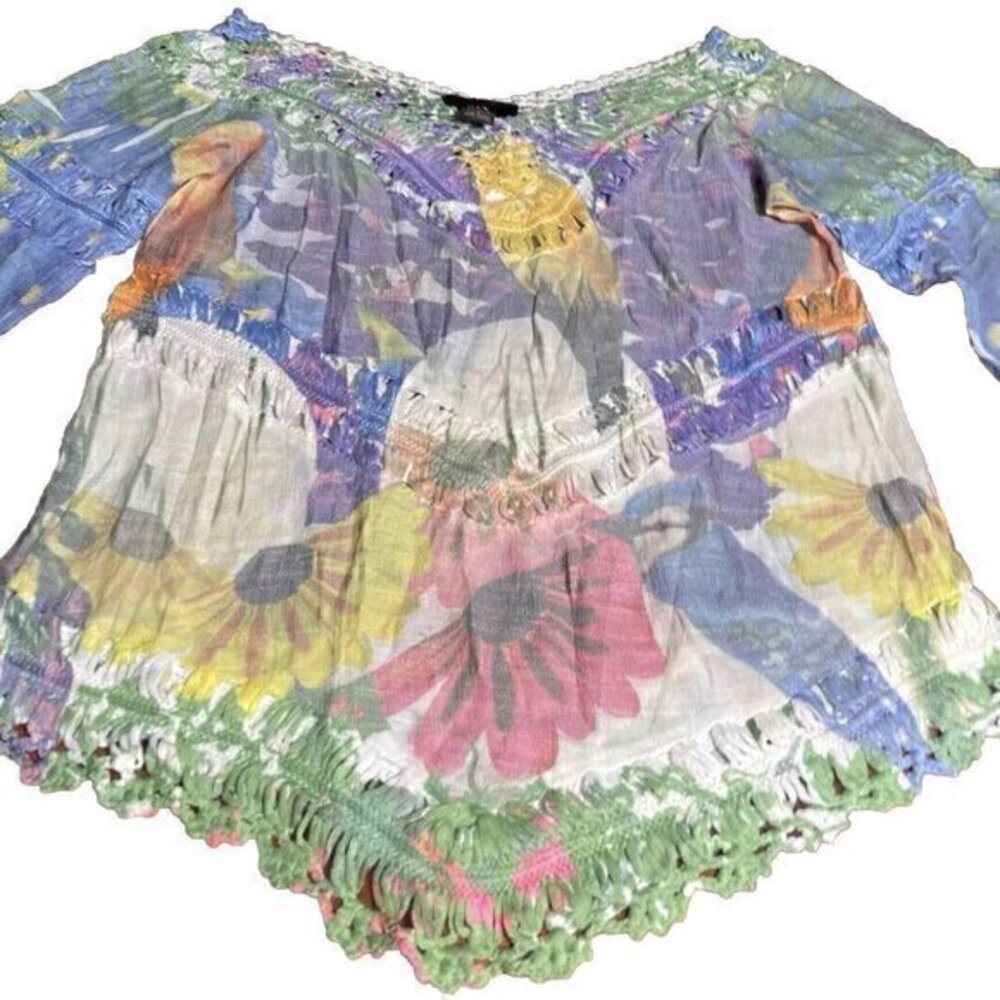Rain Couture Boho Tunic Top Womens Pastel Floral Crochet Multicolor Sz S…